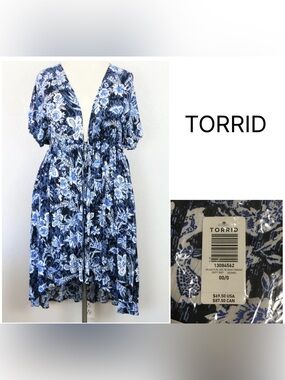 TORRID - 00/0X M/L - NWT FLORAL BLUE WHITE MAXI HI-LO KIMONO CARDIGAN / KAFTAN